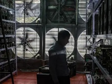A mining farm with rows of mining rigs and efficient cooling systems