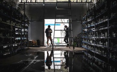 A large-scale Bitcoin mining farm with rows of mining rigs, showcasing the industrial scale of modern mining operations.